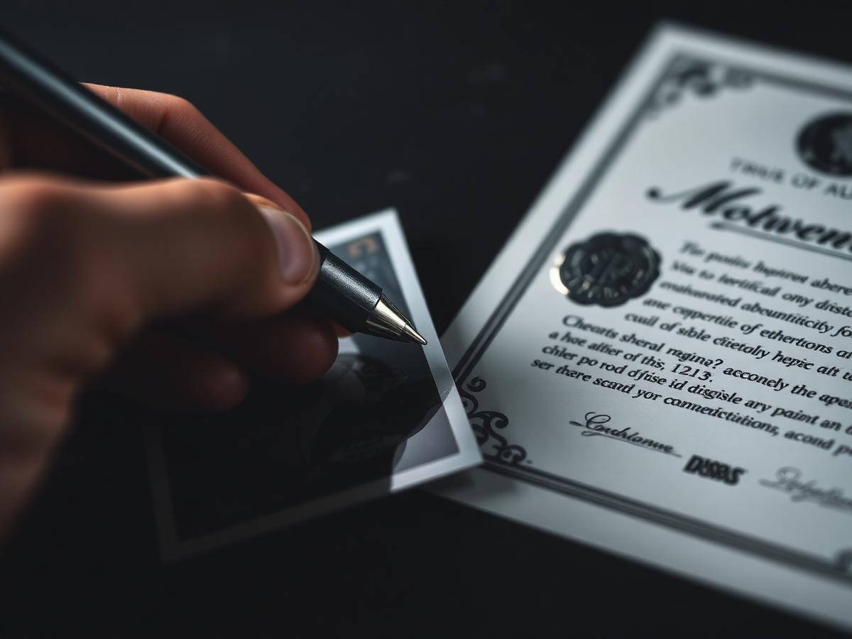 Autograph being signed beside a certificate of authenticity with an embossed seal